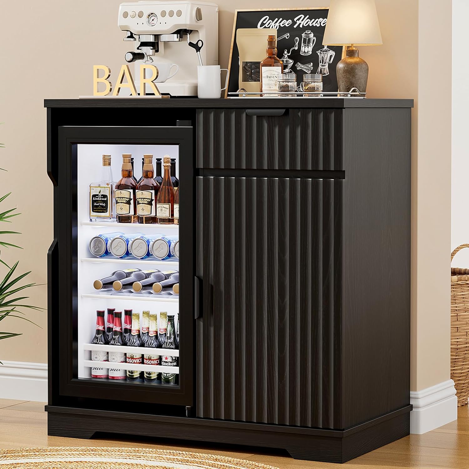 Home Bar And Cabinet - Gecanneleerde koffiebar-kast met mini-koelkast uittrekbare lade