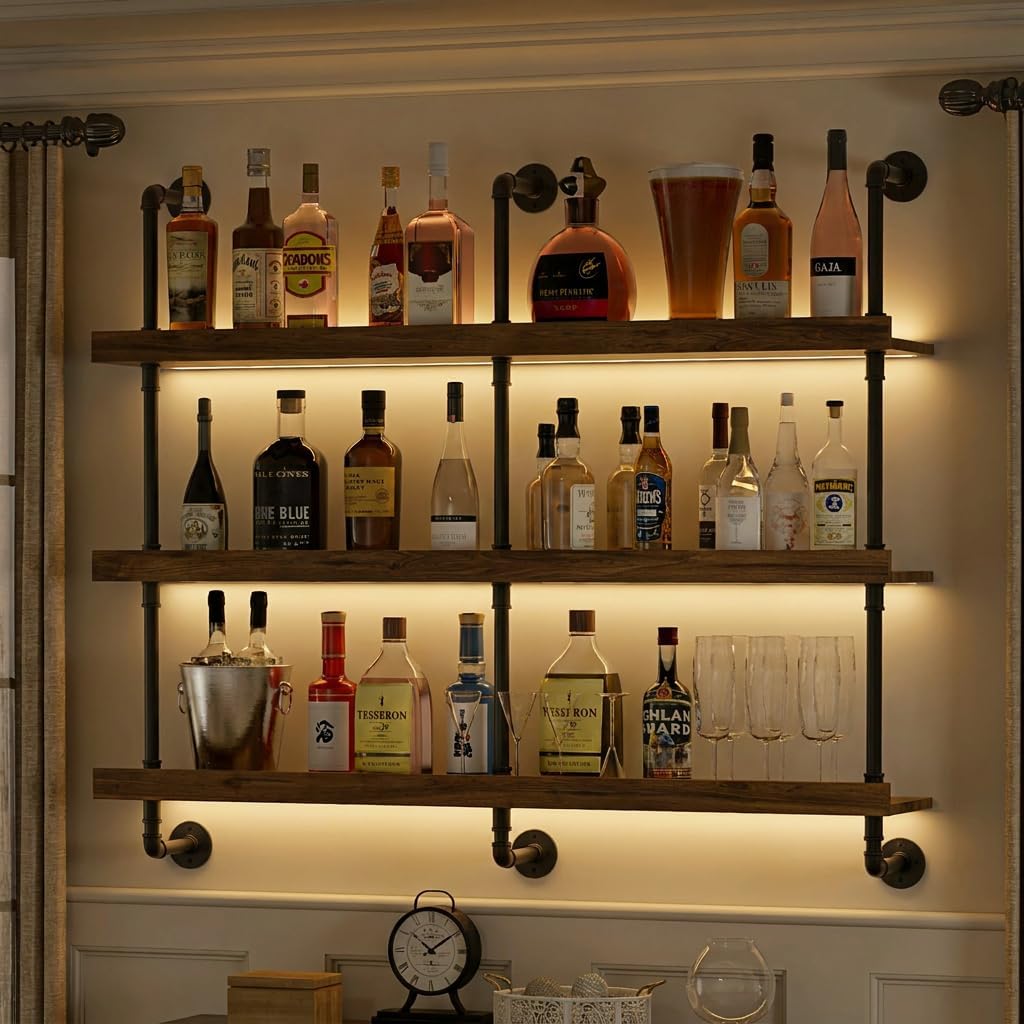 Home Bar Shelves - Wandgemonteerd wijnrek met LED-verlichting, drie lagen